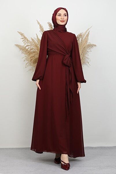 Binding Detail Chiffon Dress Burgundy