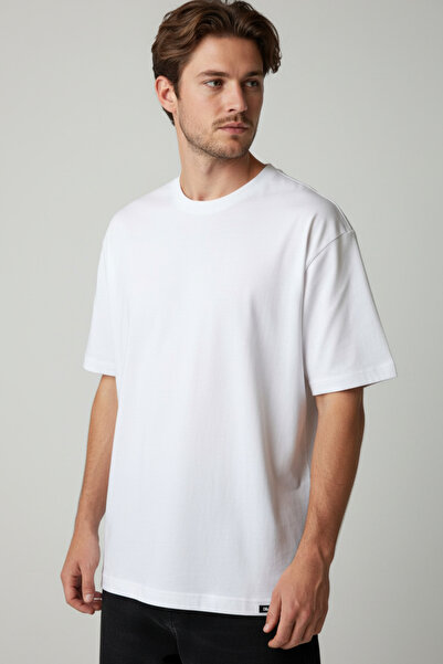 ALLUNIQUE Erkek Pamuklu Bisiklet Yaka Kalın Kumaş Basic Beyaz T-Shirt / Geniş Kesim