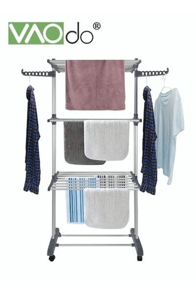 VAODO حامل شماعات ملابس قابل للطي مع عجلات، حامل مجفف ملابس متعدد الطبقات مصن...