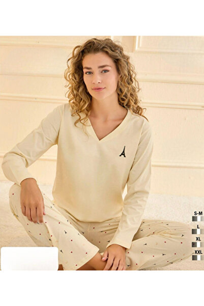 İpek Women's Long Sleeve V-Neck 100% Cotton Eiffel Pattern Pajama Set