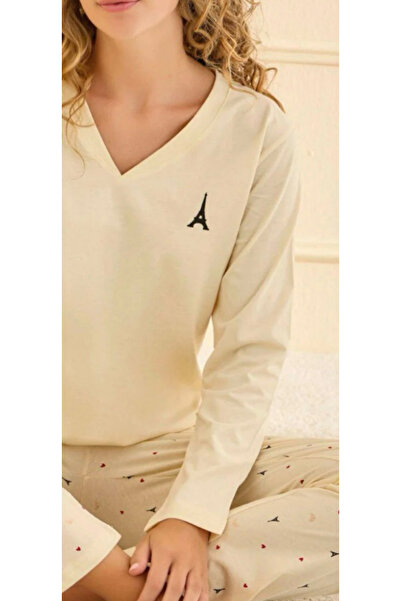 İpek Women's Long Sleeve V-Neck 100% Cotton Eiffel Pattern Pajama Set