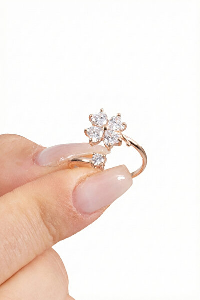 Söğütlü Silver 925 ayar gümüş yüzük rose zirkon taşlı üstten ayarlamalı yonca...