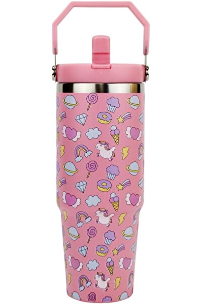 UKR 30 oz Pink Unicorn Kids Tumbler Stainless Steel Insulated 900 ml with Handle & Flip Straw