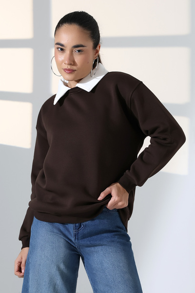 Endies Relax Comfortable Loose Wide Cut Shirt Collar Cotton Women's Sweatshirt 21985 Brown