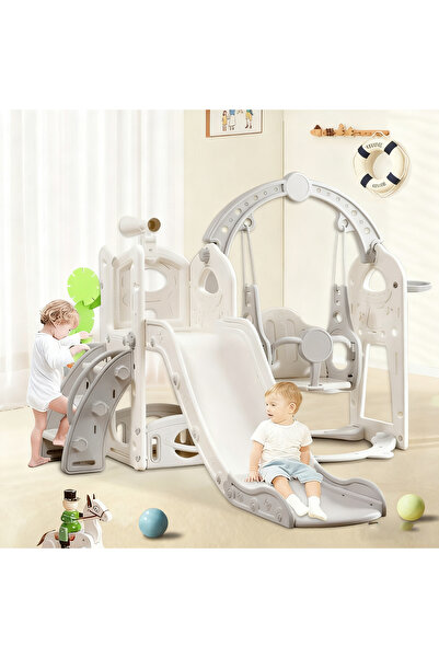 Pomefar مجموعة زحليقة وأرجوحة للأطفال 5 في 1 مع حلقة كرة سلة ومساحة تخزين، تلسكوب، زحليقة للأطفال الصغار