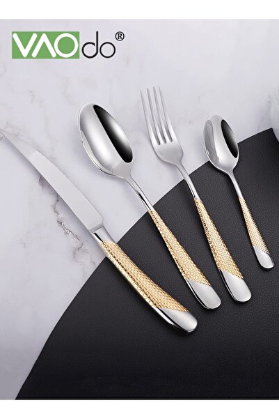VAODO 24PCS Hammered Silverware Set Stainless Steel Square Flatware Set for 6 Metal Tableware Cutlery Set