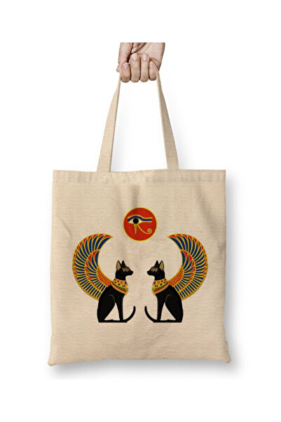 Toyaso Древен Египет Котка Бяла платна чанта Дълга дръжка Пазарска чанта Плаж...