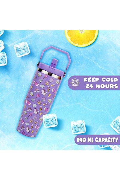 UKR 30 oz Purple Unicorn Kids Tumbler Stainless Steel Insulated Water Bottle 900 ml with Handle & Fl