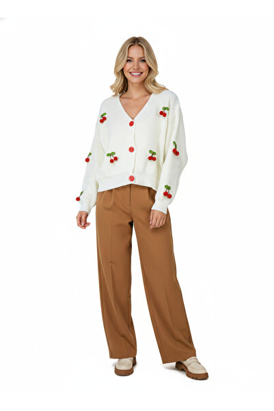 Oppland Women's Winter Crop Knitwear Cardigan with 3D Cherry Pattern, Flexible, Buttoned on the Front, Cute Style