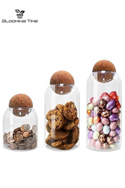 BLOOMING TIME 3-Piece Glass Food Storage Jar With Round Ball Cork Lid