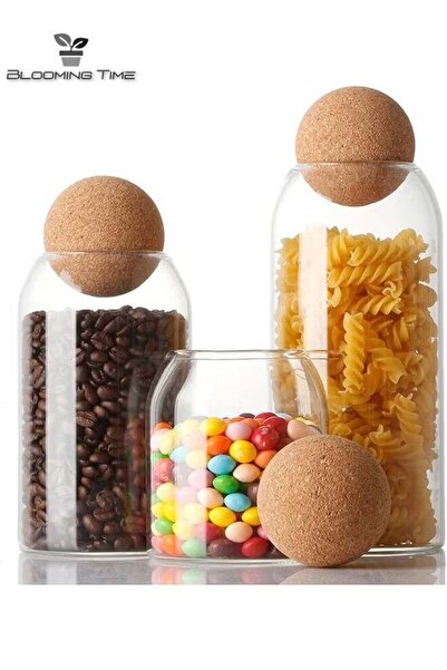 BLOOMING TIME 3-Piece Glass Food Storage Jar With Round Ball Cork Lid