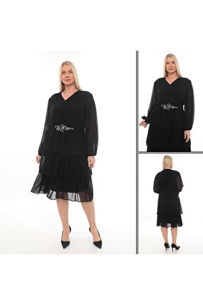 etselements Chiffon Waist Embroidery Detailed Stylish Evening Dress Ets1008