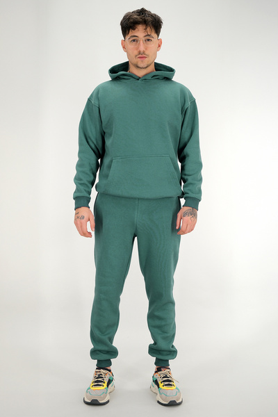Souris Men's Petrol Green Relaxed Fit Tracksuit Set 3 Thread Fleece-Lined Thick Fabric Ribbed Leg Drawstring Waist