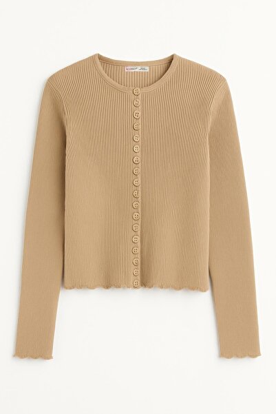 Mixray 6972 women's Corded Fabric basic knit cardigan camel