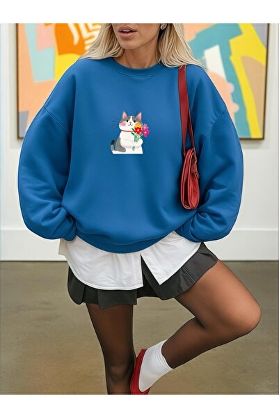 ArtYus Unisex Long Sleeve Transfer Cute Cat Bass Printed Load Size Crew Neck Sweatshirt