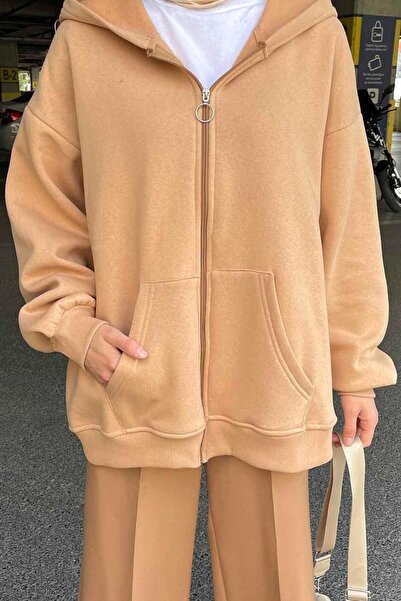 lamelif Оверсайз суитшърт с качулка и странични джобове в кремаво