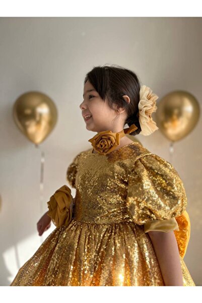 Sare Çocuk Giyim Gold Sparkly Sequins Big Bow Detail Shimmering Evening Dress + Buckle + Neck Collar