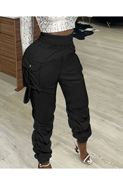 Kanonik Education Women's High Waist Elastic Waist Cargo Pocket Detailed Gabardine Trousers