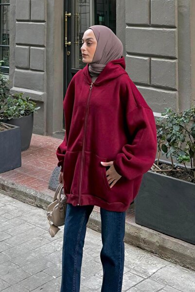lamelif Hooded Oversize Sweatshirt with Side Pockets Burgundy
