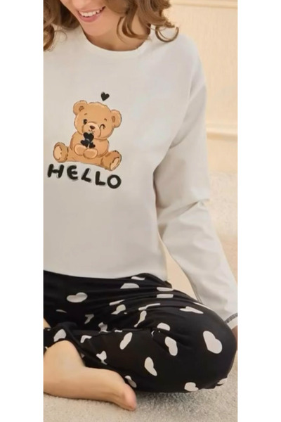 İpek Women's Long Sleeve Crew Neck 100% Cotton Pajama Set