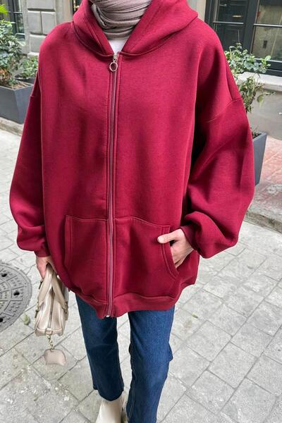 lamelif Hooded Oversize Sweatshirt with Side Pockets Burgundy