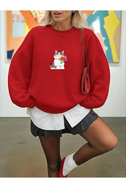 ArtYus Unisex Long Sleeve Transfer Cute Cat Bass Printed Load Size Crew Neck Sweatshirt