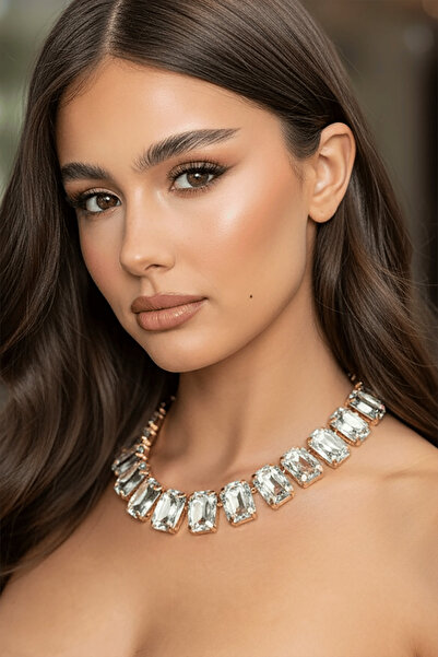 TAKIŞTIR Altın Renk Taş Detaylı Tasarım Abiye Kolye