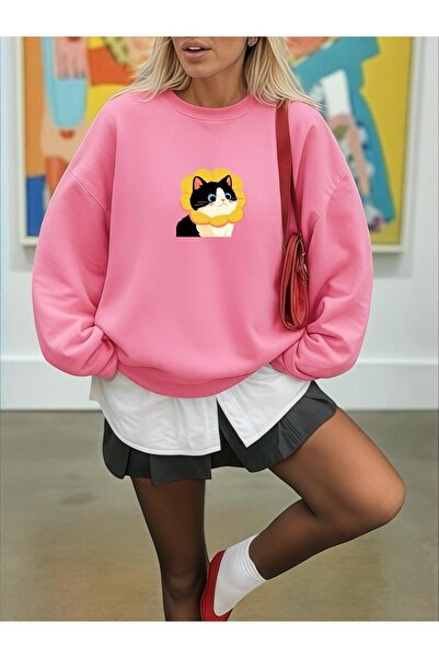 ArtYus Unisex Long Sleeve Transfer Cute Cat Bass Printed Load Size Crew Neck Sweatshirt
