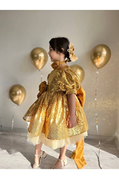 Sare Çocuk Giyim Gold Sparkly Sequins Big Bow Detail Shimmering Evening Dress + Buckle + Neck Collar