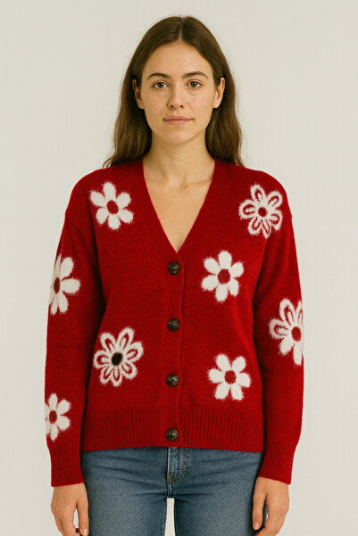 SARİTA MODA Daisy Pattern Buttoned Regular Loose Cardigan