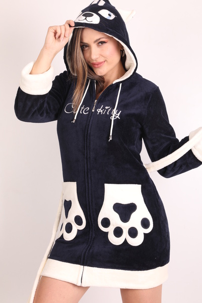 Wild Love Halat scurt de damă din bambus, cu glugă, cu broderie și fermoar