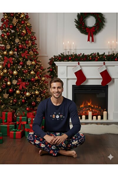 Serena Men's navy blue Christmas pajamas with festive figures