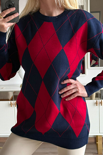 CİDDE Γυναικείο πλεκτό πουλόβερ με σχέδιο μπακλαβά Μήκος 77 εκ.