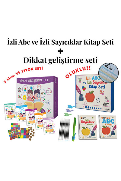 akademik zeka 5 Yaş Dikkat Geliştirme Seti (5 Kitap ve Piyon Seti) - İzli Abc ve Sayıcıklar Kitabları Oluklu Seti