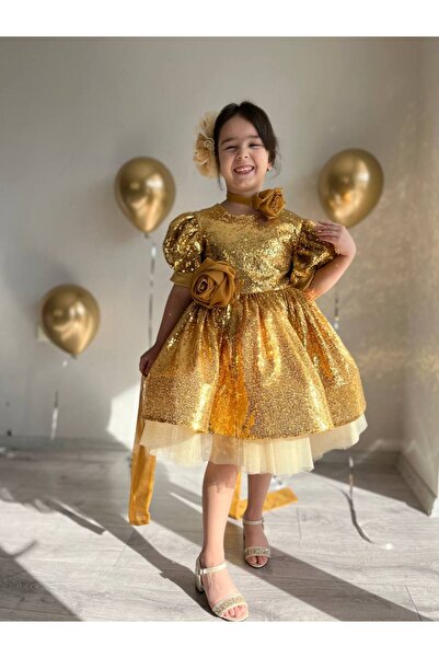 Sare Çocuk Giyim Gold Sparkly Sequins Big Bow Detail Shimmering Evening Dress + Buckle + Neck Collar