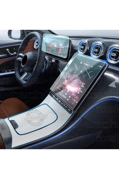 ael-tech مجموعة من 3 واقيات شاشة نانو متوافقة مع نظام الملاحة والعدادات الرقمية والكونسول الوسطي لسيارة مرسيدس الفئة C طراز W206