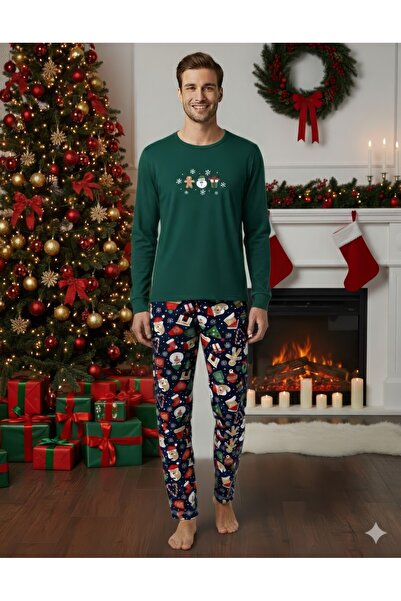 Serena Men's Christmas pajamas green & navy with festive figures