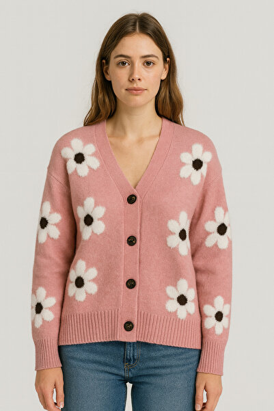 SARİTA MODA Daisy Pattern Buttoned Regular Loose Cardigan