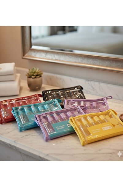 9 Parça Seyahat Kiti -Bakım Seti Uçak Kabin Uyumlu Doldurulabilir Özel Çantalı Seyahat Seti