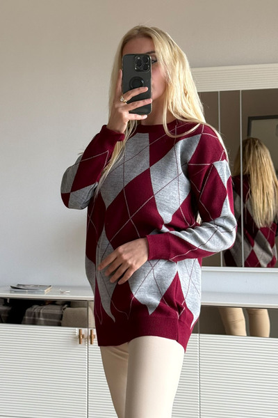 CİDDE Γυναικείο πλεκτό πουλόβερ με σχέδιο μπακλαβά Μήκος 77 εκ.