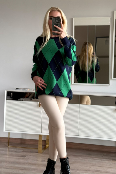 CİDDE Γυναικείο πλεκτό πουλόβερ με σχέδιο μπακλαβά Μήκος 77 εκ.