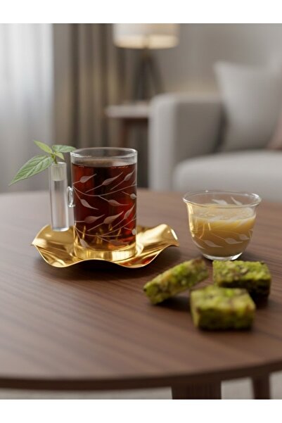 DECOSTYLE 18 Piece Modern Glass Tea Set with Ivy Decorated Steel Plate |   Premium Presentation Set