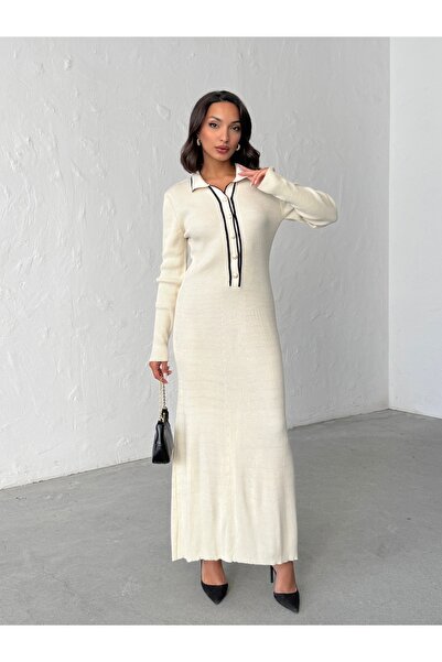 BEJNA Women's Polo Neck Stylish Buttoned Long Dress