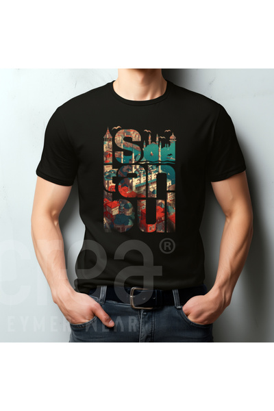 Crea Eymer Wear İstanbul Yazılı Dijital Baskılı Pamuk Bisiklet Yaka Tişört Beyaz - Siyah