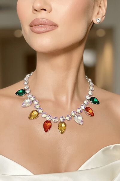 TAKIŞTIR Gümüş Renk Taş Detaylı Tasarım Abiye Kolye