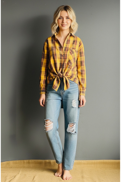 Levoria Kadın Ekoseli Oversize Gömlek