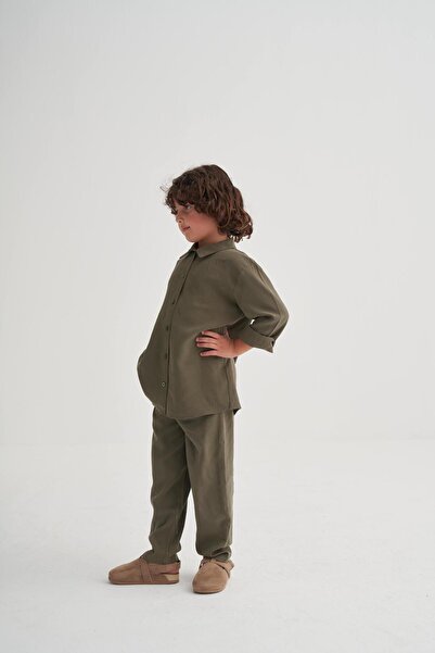 Cigit Shirted Tencel Set 2-7 Years Khaki Green