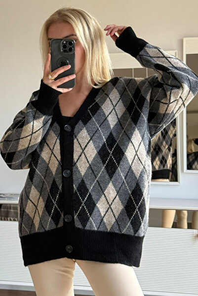 CİDDE Women's Diamond Patterned Fleece-Lined Oversize Knitwear Cardigan Length 72 cm