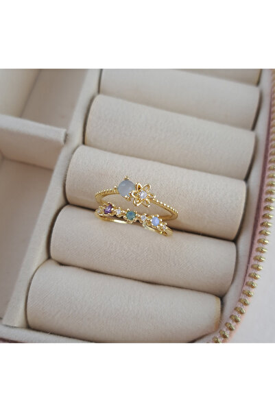 Norevia اشتري 3 واحصل على 2 خاتم مزدوج الصفوف من الحجر الزهري