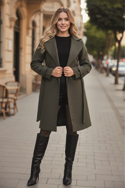 Toridas Kaşe Kadın Şık Tasarım Yaka Kaban ve Kemer